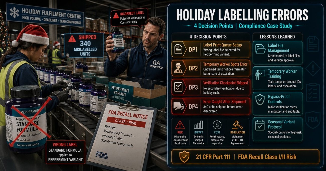 Holiday fulfilment labelling errors case study covering four decision points where wrong label file selection, untrained temporary workers and skipped verification combined to ship 340 mislabelled dietary supplement units