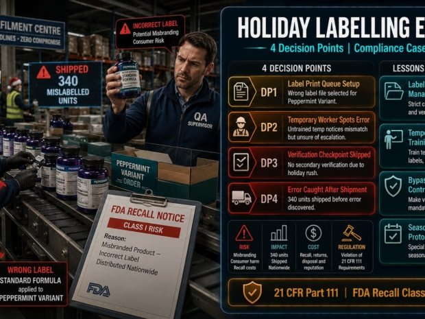 Holiday fulfilment labelling errors case study covering four decision points where wrong label file selection, untrained temporary workers and skipped verification combined to ship 340 mislabelled dietary supplement units