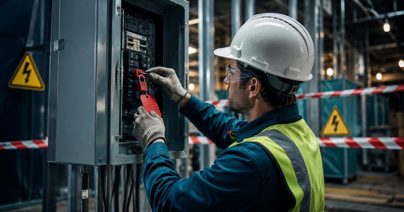 Construction worker applying a lockout tag to an electrical circuit panel to comply with OSHA 29 CFR 1926.417 requirements