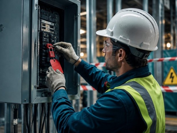 Construction worker applying a lockout tag to an electrical circuit panel to comply with OSHA 29 CFR 1926.417 requirements