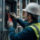 Construction worker applying a lockout tag to an electrical circuit panel to comply with OSHA 29 CFR 1926.417 requirements