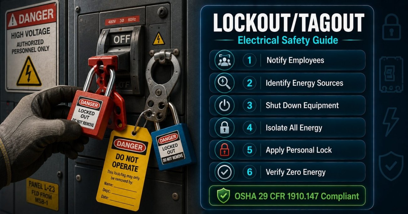 Lockout tagout electrical safety guide showing six-step LOTO procedure, personal padlock application on circuit breaker and OSHA 29 CFR 1910.147 compliance requirements