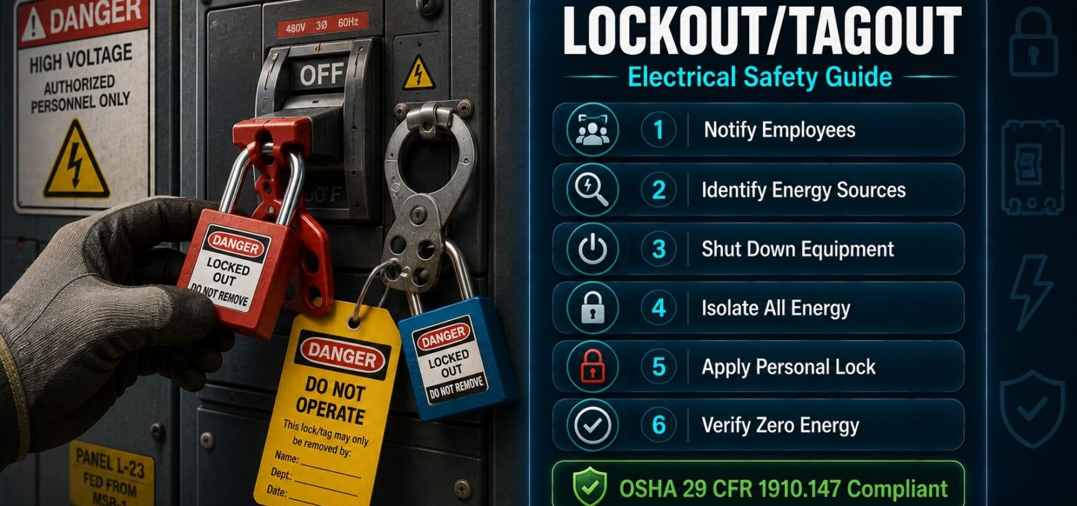 Lockout tagout electrical safety guide showing six-step LOTO procedure, personal padlock application on circuit breaker and OSHA 29 CFR 1910.147 compliance requirements
