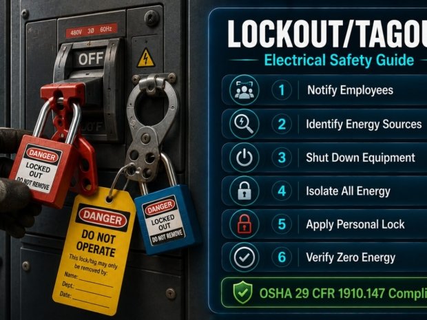 Lockout tagout electrical safety guide showing six-step LOTO procedure, personal padlock application on circuit breaker and OSHA 29 CFR 1910.147 compliance requirements