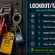 Lockout tagout electrical safety guide showing six-step LOTO procedure, personal padlock application on circuit breaker and OSHA 29 CFR 1910.147 compliance requirements