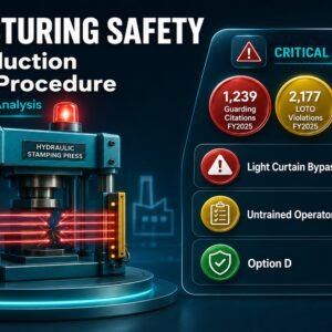 Manufacturing safety situational analysis infographic showing production pressure decision points, OSHA machine guarding and lockout tagout citation data, and safe response protocols for equipment safety device faults