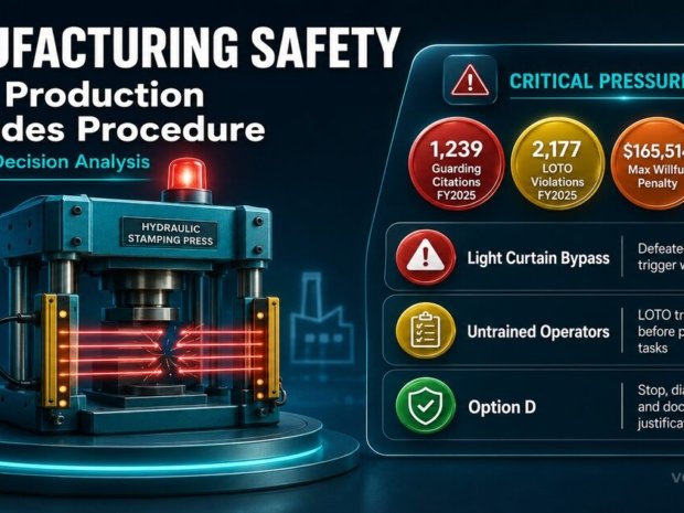 Manufacturing safety situational analysis infographic showing production pressure decision points, OSHA machine guarding and lockout tagout citation data, and safe response protocols for equipment safety device faults