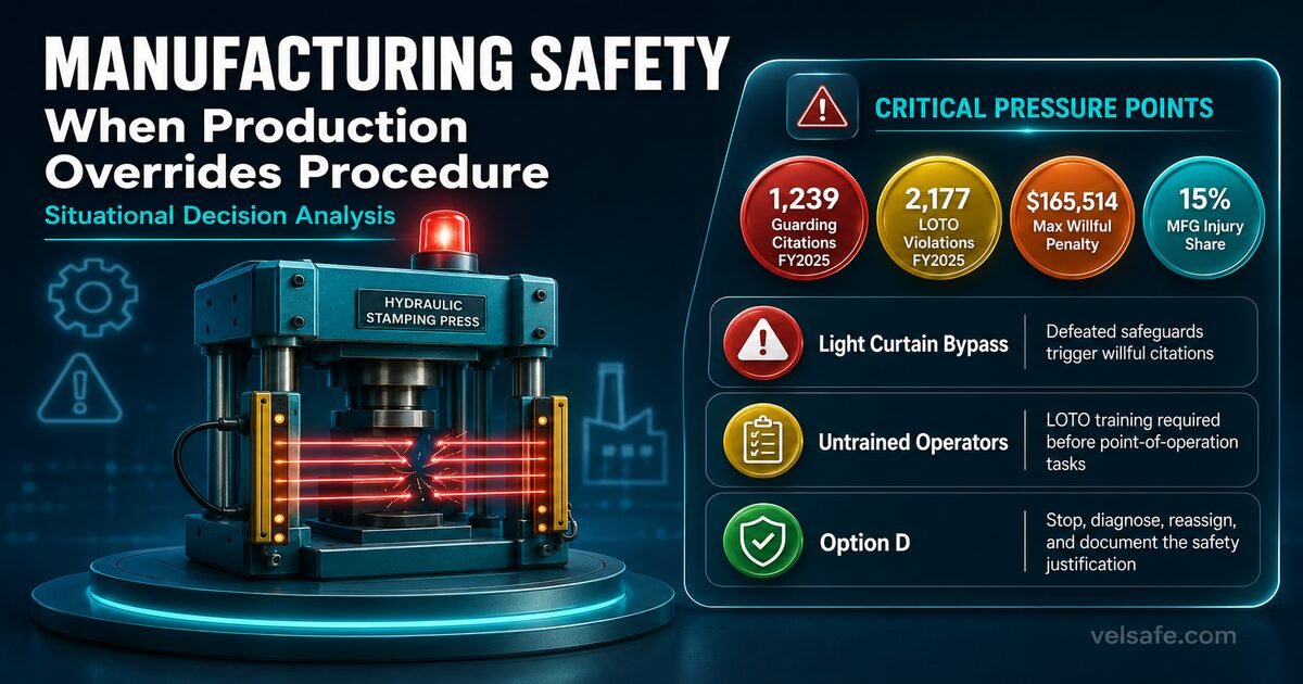 Manufacturing safety situational analysis infographic showing production pressure decision points, OSHA machine guarding and lockout tagout citation data, and safe response protocols for equipment safety device faults