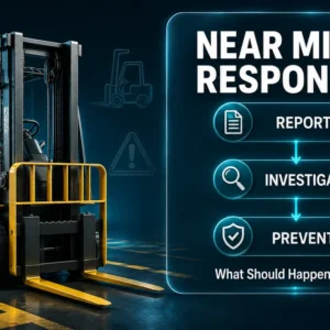 3D infographic showing near miss response workflow with forklift, report, investigate and prevent decision flow on dark teal background