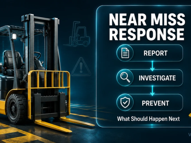 3D infographic showing near miss response workflow with forklift, report, investigate and prevent decision flow on dark teal background
