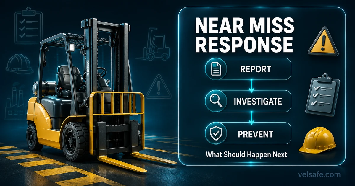 3D infographic showing near miss response workflow with forklift, report, investigate and prevent decision flow on dark teal background
