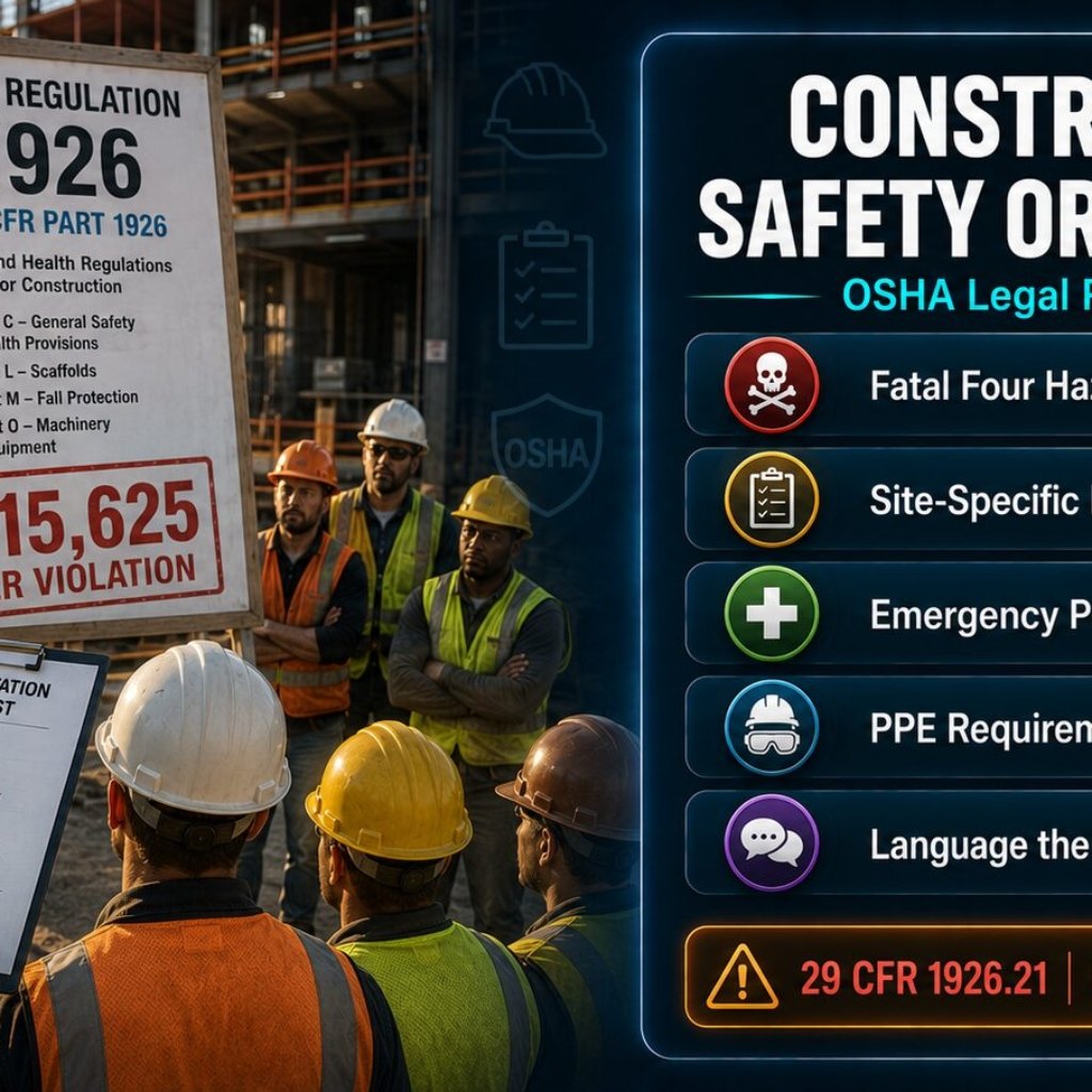 OSHA construction safety orientation legal requirements under 29 CFR 1926.21 covering Fatal Four hazards, language requirements, documentation obligations and compliance checklist