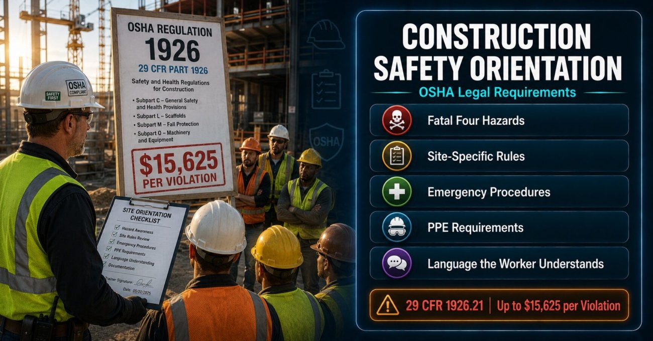 OSHA construction safety orientation legal requirements under 29 CFR 1926.21 covering Fatal Four hazards, language requirements, documentation obligations and compliance checklist