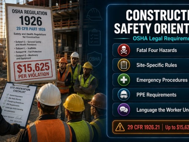 OSHA construction safety orientation legal requirements under 29 CFR 1926.21 covering Fatal Four hazards, language requirements, documentation obligations and compliance checklist