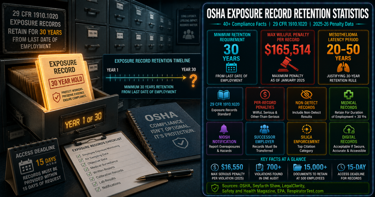 OSHA exposure records 30-year retention statistics infographic showing 29 CFR 1910.1020 requirements, $165,514 maximum willful penalty per record violation as of January 2025, 20-50 year mesothelioma latency period justifying the retention requirement, and compliance gap data including 700+ improper recording cases found in a single audit.