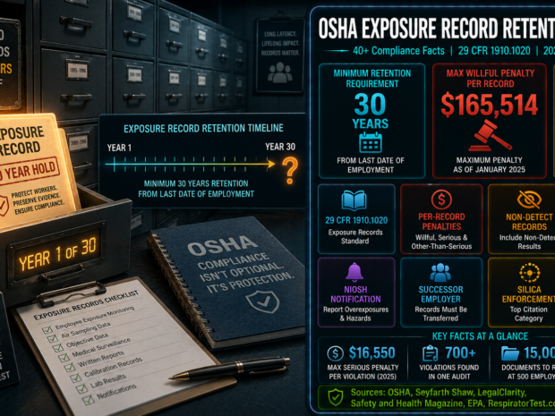 OSHA exposure records 30-year retention statistics infographic showing 29 CFR 1910.1020 requirements, $165,514 maximum willful penalty per record violation as of January 2025, 20-50 year mesothelioma latency period justifying the retention requirement, and compliance gap data including 700+ improper recording cases found in a single audit.