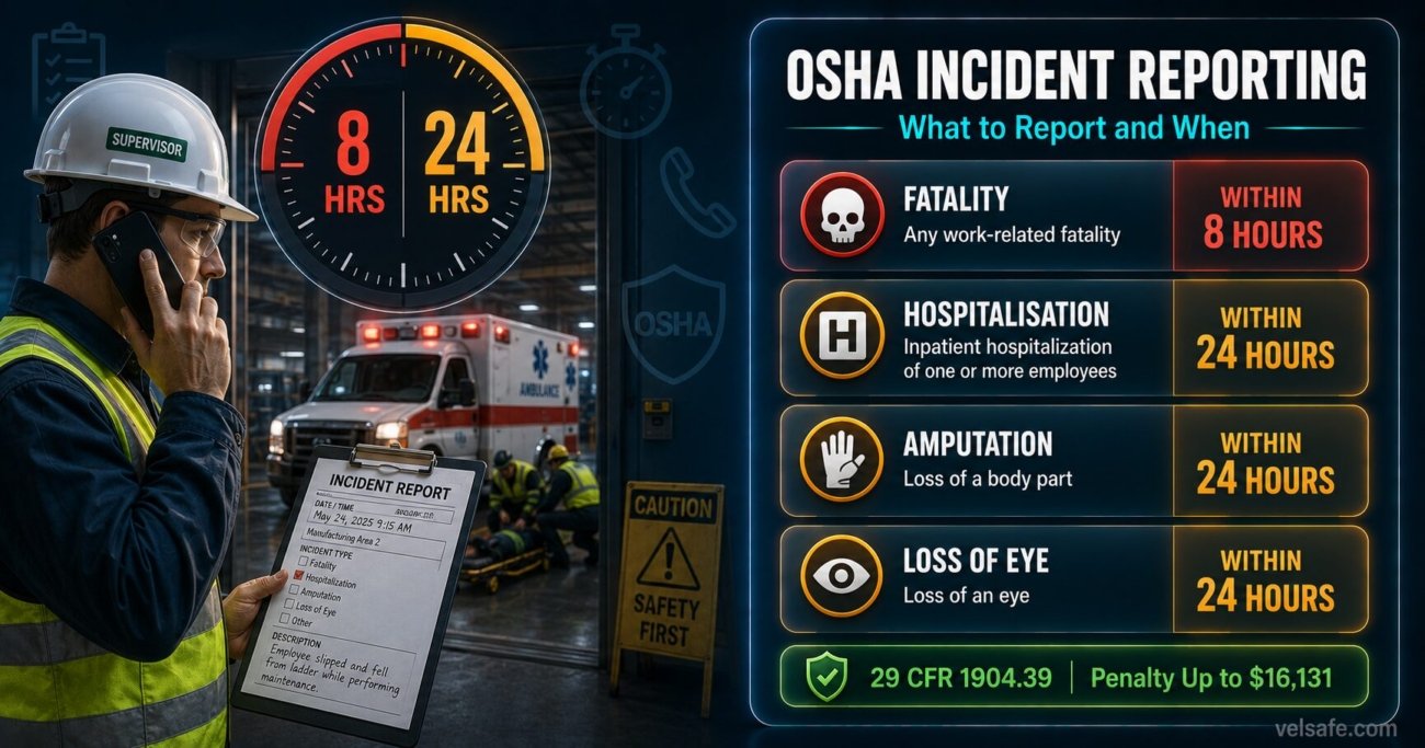 OSHA incident reporting requirements showing fatality 8-hour deadline and hospitalisation amputation eye loss 24-hour reporting deadlines under 29 CFR 1904.39
