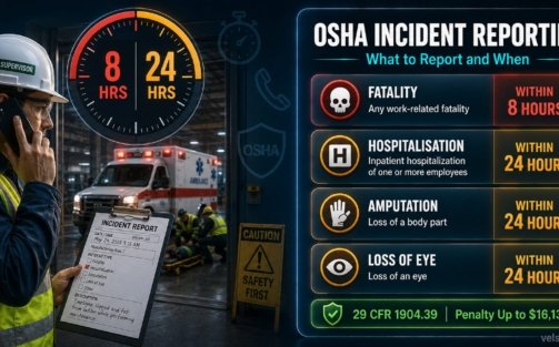OSHA incident reporting requirements showing fatality 8-hour deadline and hospitalisation amputation eye loss 24-hour reporting deadlines under 29 CFR 1904.39