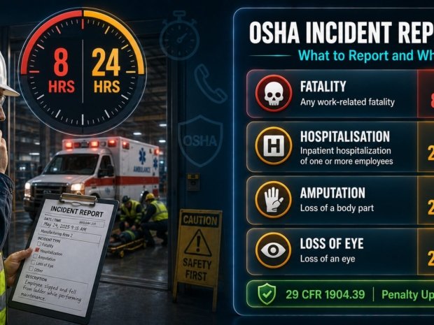 OSHA incident reporting requirements showing fatality 8-hour deadline and hospitalisation amputation eye loss 24-hour reporting deadlines under 29 CFR 1904.39
