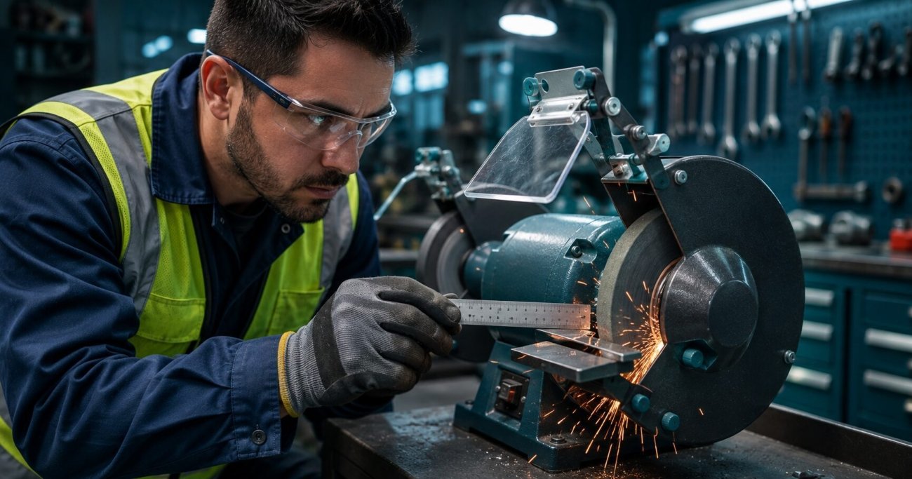 Safety inspector measuring the work rest gap on a bench grinder to verify OSHA 29 CFR 1910.215 compliance