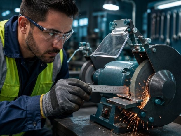 Safety inspector measuring the work rest gap on a bench grinder to verify OSHA 29 CFR 1910.215 compliance