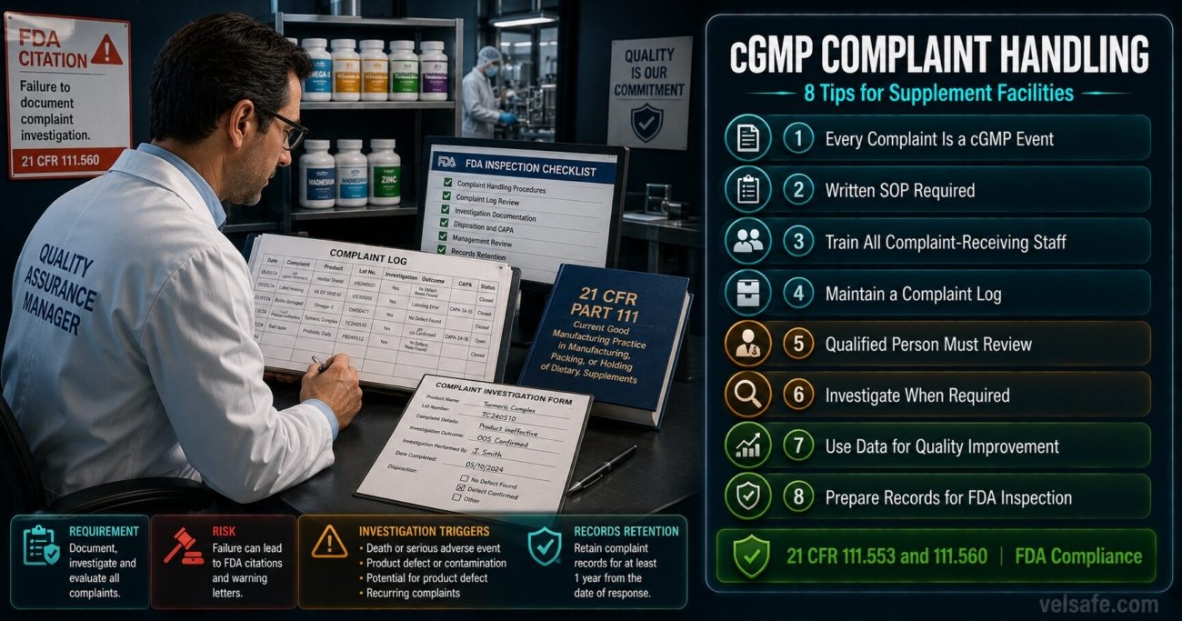 cGMP complaint handling tips for dietary supplement facilities covering 21 CFR 111.553 and 111.560 requirements including written SOPs, qualified person review, investigation documentation and FDA inspection readiness