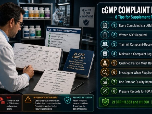 cGMP complaint handling tips for dietary supplement facilities covering 21 CFR 111.553 and 111.560 requirements including written SOPs, qualified person review, investigation documentation and FDA inspection readiness