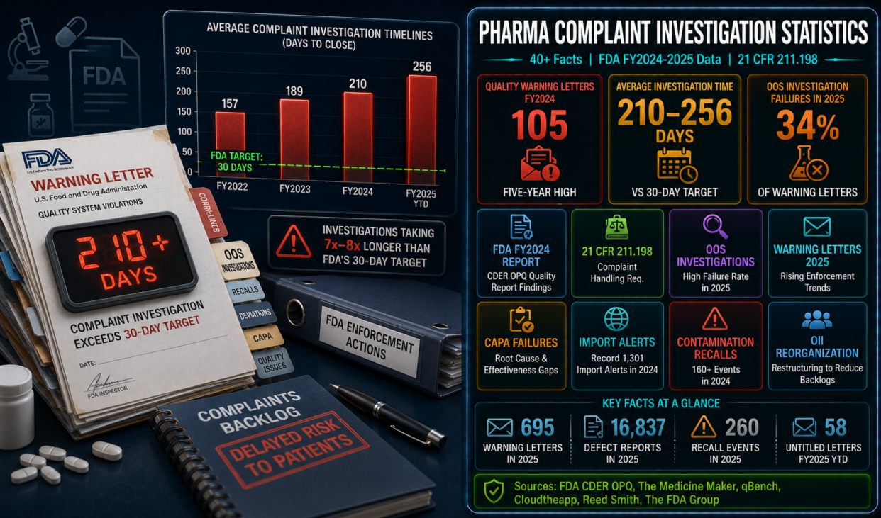 Pharmaceutical complaint investigation backlog statistics infographic showing 210-256 day average investigation timelines against a 30-day target, 105 FDA quality warning letters in FY2024 (a five-year high), 34% OOS investigation failure rate in 2025 warning letters, and 695 total FDA enforcement letters in 2025, based on FDA CDER OPQ FY2024 quality report and qBench analysis.