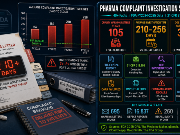Pharmaceutical complaint investigation backlog statistics infographic showing 210-256 day average investigation timelines against a 30-day target, 105 FDA quality warning letters in FY2024 (a five-year high), 34% OOS investigation failure rate in 2025 warning letters, and 695 total FDA enforcement letters in 2025, based on FDA CDER OPQ FY2024 quality report and qBench analysis.
