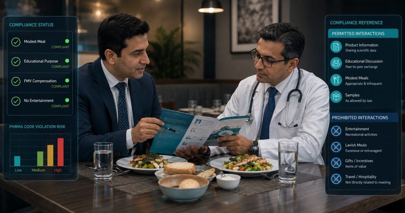 Pharmaceutical representative conducting a compliant educational meal interaction with a physician under PhRMA Code guidelines