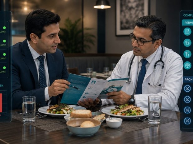 Pharmaceutical representative conducting a compliant educational meal interaction with a physician under PhRMA Code guidelines