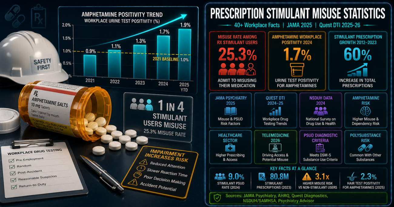Prescription stimulant misuse workplace statistics infographic showing 25.3% misuse rate among stimulant users (JAMA 2025), 1.7% amphetamine urine test positivity in 2024, 60% prescription growth from 2012 to 2023, and 2.3% hair test positivity in 2025, based on NIDA/SAMHSA/CDC research and Quest Diagnostics Drug Testing Index data.