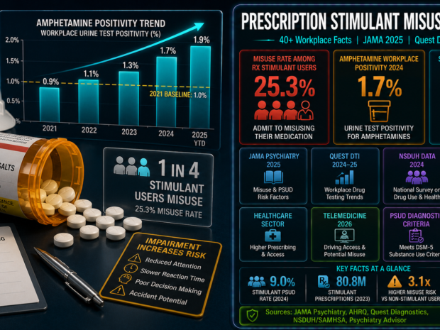Prescription stimulant misuse workplace statistics infographic showing 25.3% misuse rate among stimulant users (JAMA 2025), 1.7% amphetamine urine test positivity in 2024, 60% prescription growth from 2012 to 2023, and 2.3% hair test positivity in 2025, based on NIDA/SAMHSA/CDC research and Quest Diagnostics Drug Testing Index data.