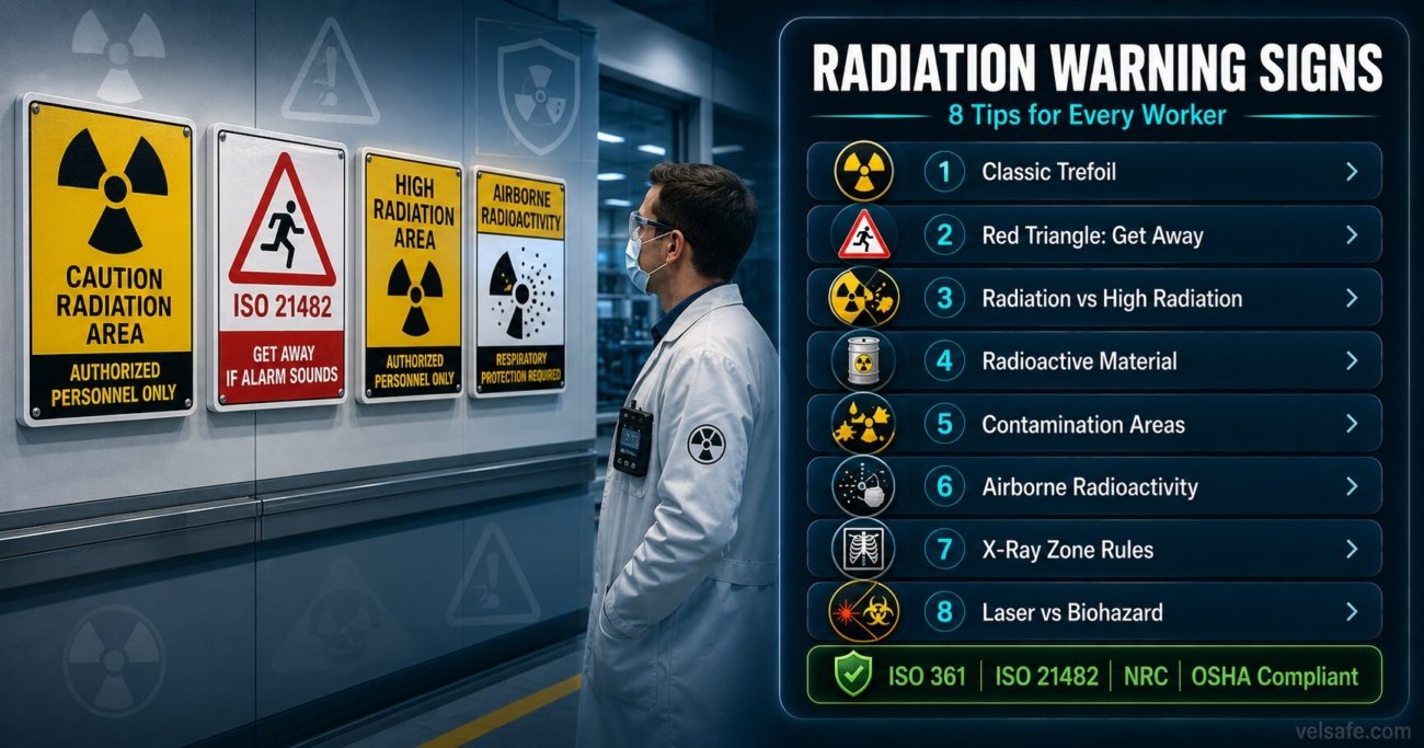 Radiation warning signs workplace safety tips covering trefoil symbol, ISO 21482 red triangle, contamination areas, airborne radioactivity zones and X-ray safety rules