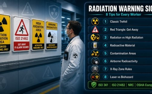 Radiation warning signs workplace safety tips covering trefoil symbol, ISO 21482 red triangle, contamination areas, airborne radioactivity zones and X-ray safety rules