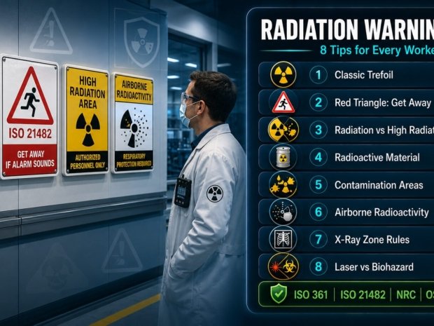 Radiation warning signs workplace safety tips covering trefoil symbol, ISO 21482 red triangle, contamination areas, airborne radioactivity zones and X-ray safety rules