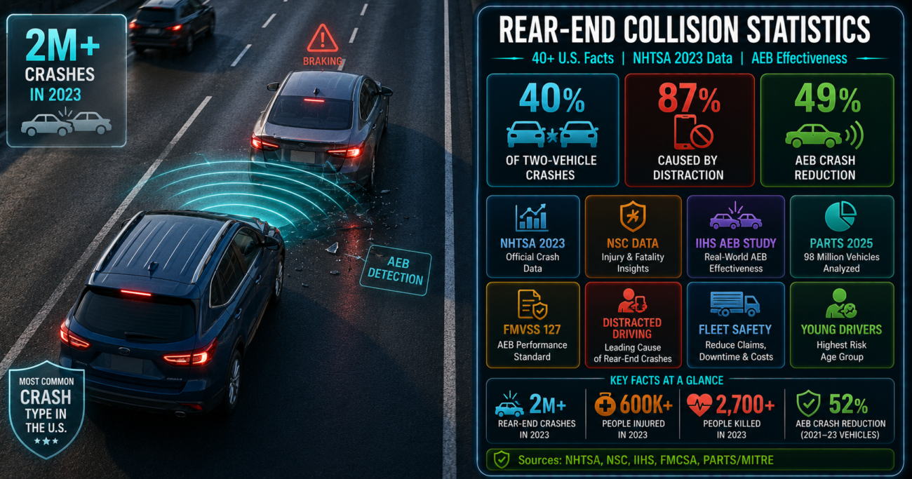 Rear-end collision statistics infographic showing over 2 million U.S. crashes in 2023, 40% share of two-vehicle crashes, 87% distraction causation rate, and 49% crash reduction from automatic emergency braking, based on NHTSA 2023 data and the 2025 PARTS study covering 98 million vehicles.