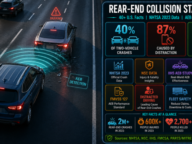 Rear-end collision statistics infographic showing over 2 million U.S. crashes in 2023, 40% share of two-vehicle crashes, 87% distraction causation rate, and 49% crash reduction from automatic emergency braking, based on NHTSA 2023 data and the 2025 PARTS study covering 98 million vehicles.