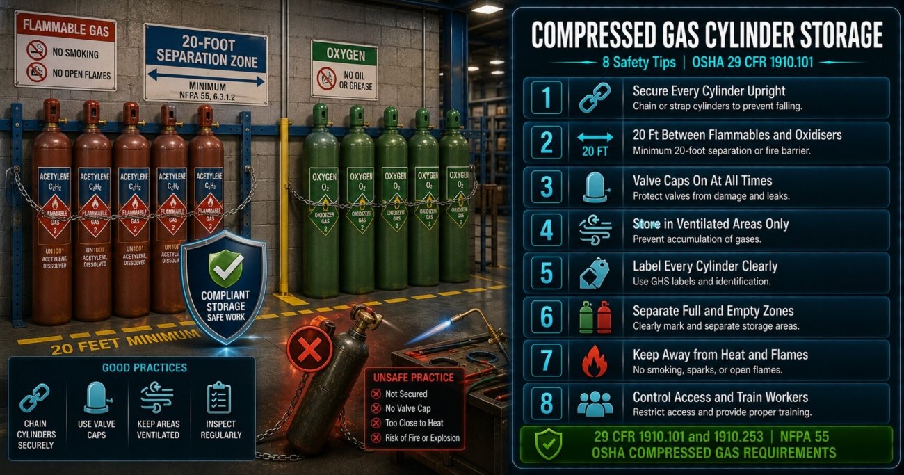 Compressed gas cylinder storage safety tips covering OSHA 29 CFR 1910.101 requirements including cylinder securing, 20-foot flammable oxidiser separation, valve caps, ventilation, GHS labelling and access control