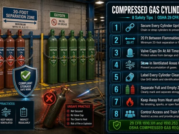 Compressed gas cylinder storage safety tips covering OSHA 29 CFR 1910.101 requirements including cylinder securing, 20-foot flammable oxidiser separation, valve caps, ventilation, GHS labelling and access control