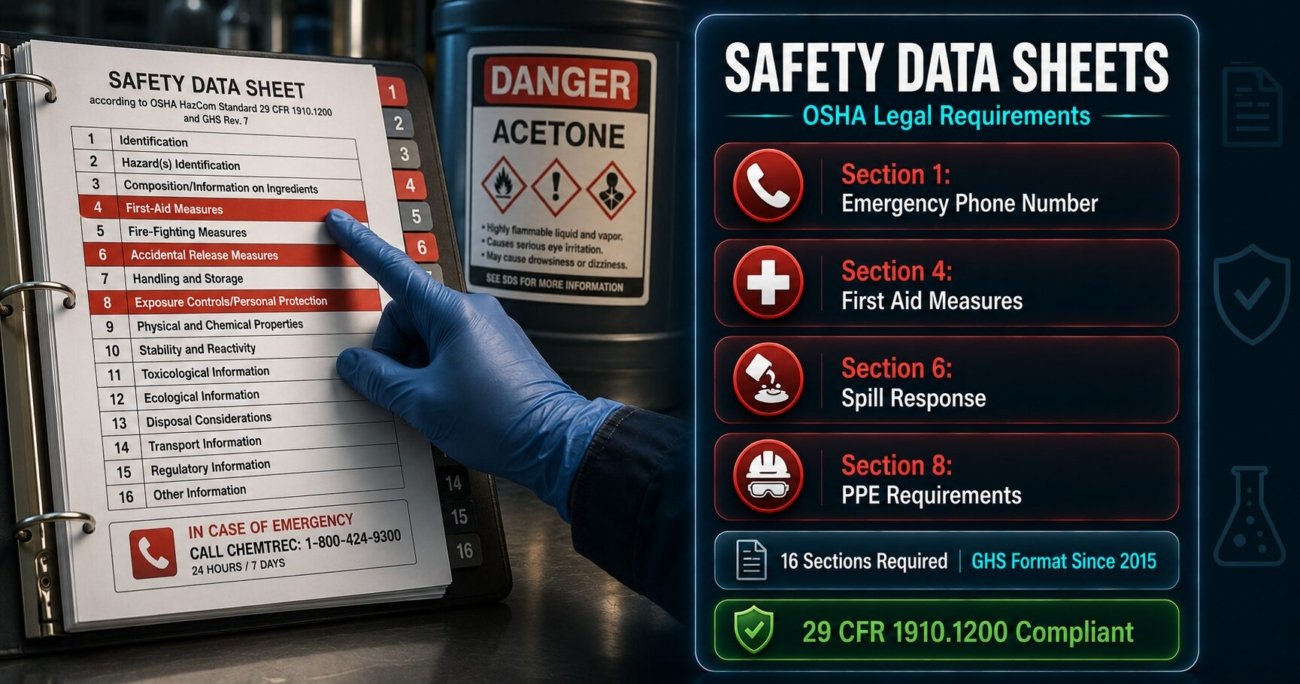 Safety Data Sheets OSHA requirements guide covering 16-section GHS format, ready access obligations, emergency SDS sections and employer duties under 29 CFR 1910.1200