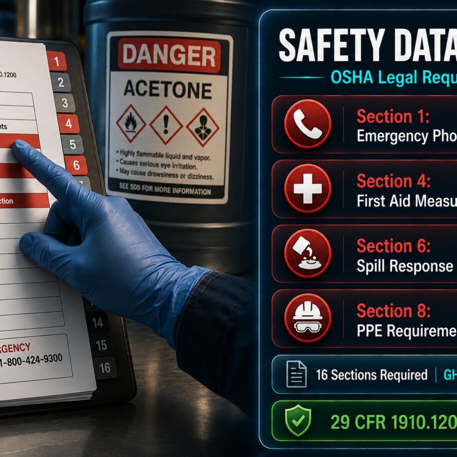 Safety Data Sheets OSHA requirements guide covering 16-section GHS format, ready access obligations, emergency SDS sections and employer duties under 29 CFR 1910.1200