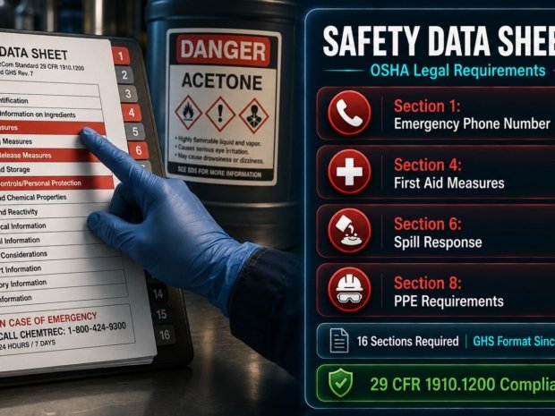 Safety Data Sheets OSHA requirements guide covering 16-section GHS format, ready access obligations, emergency SDS sections and employer duties under 29 CFR 1910.1200