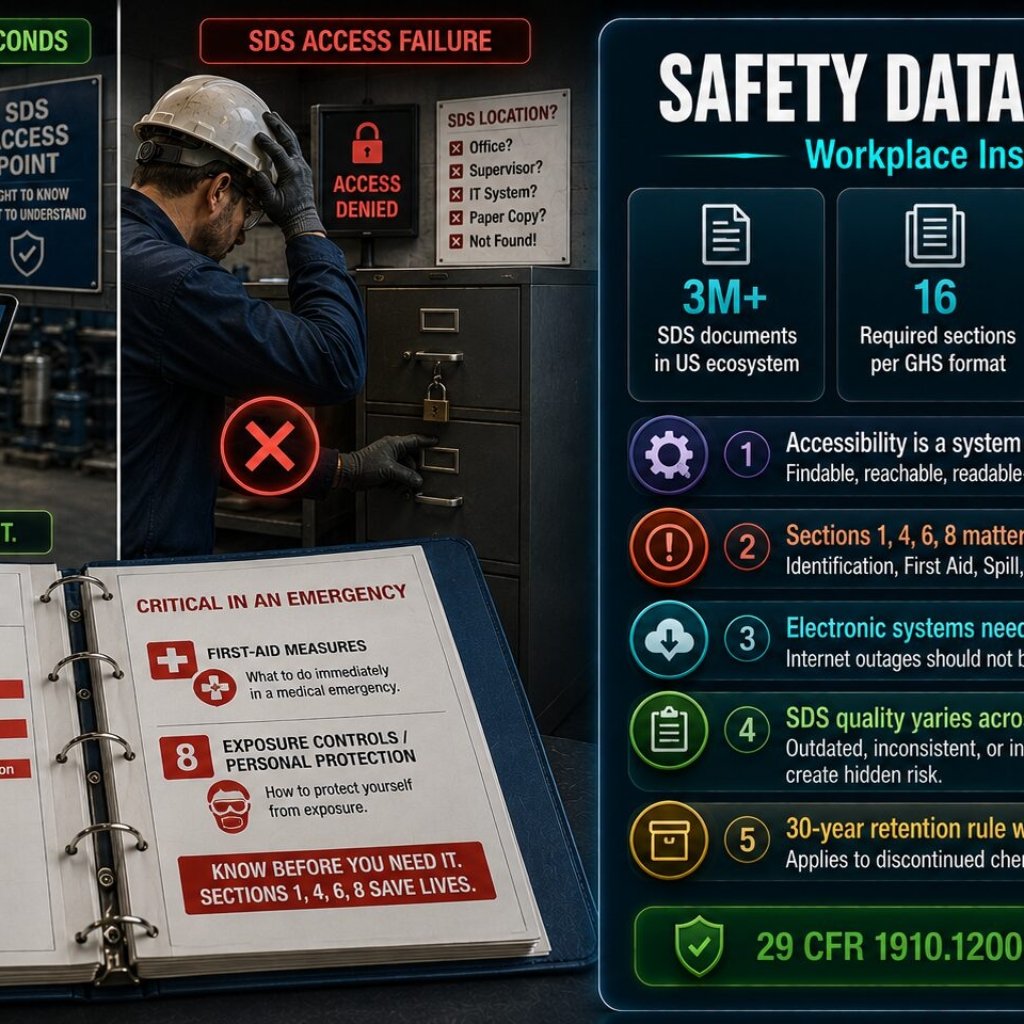 Safety Data Sheets workplace insights covering SDS accessibility failures, the four critical emergency sections, electronic system risks, SDS quality gaps and the 30-year retention obligation