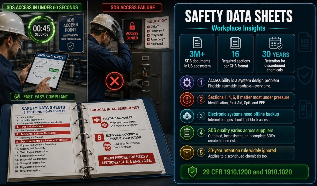 Safety Data Sheets workplace insights covering SDS accessibility failures, the four critical emergency sections, electronic system risks, SDS quality gaps and the 30-year retention obligation