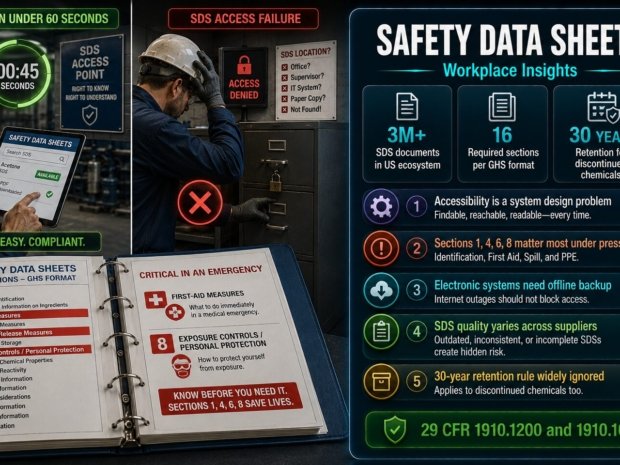 Safety Data Sheets workplace insights covering SDS accessibility failures, the four critical emergency sections, electronic system risks, SDS quality gaps and the 30-year retention obligation
