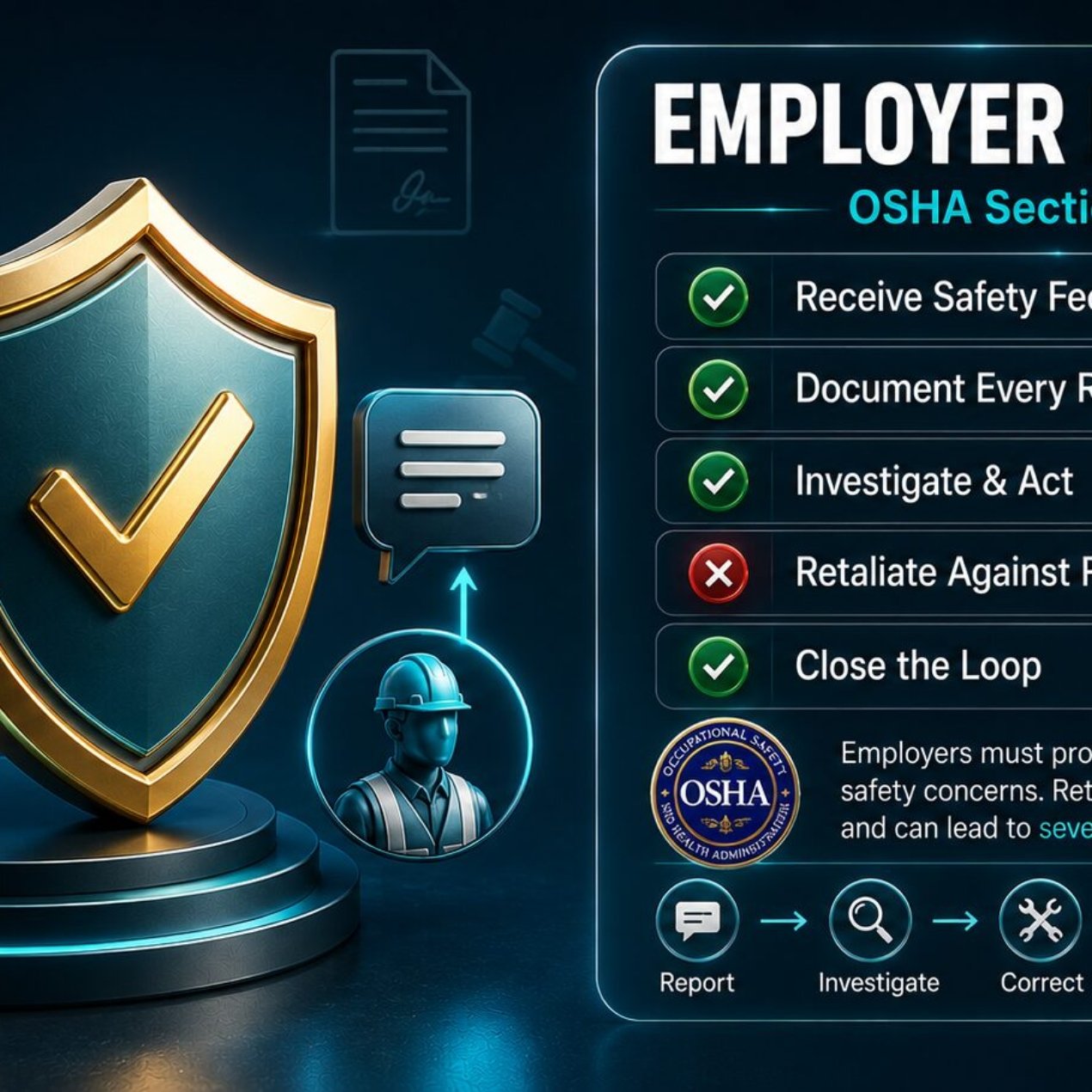 Employer liability compliance dashboard showing OSHA Section 11(c) safety feedback and retaliation protection requirements