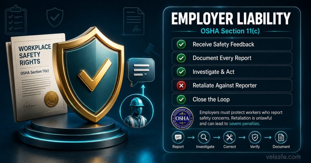Employer liability compliance dashboard showing OSHA Section 11(c) safety feedback and retaliation protection requirements