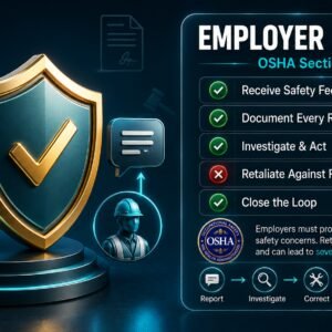 Employer liability compliance dashboard showing OSHA Section 11(c) safety feedback and retaliation protection requirements