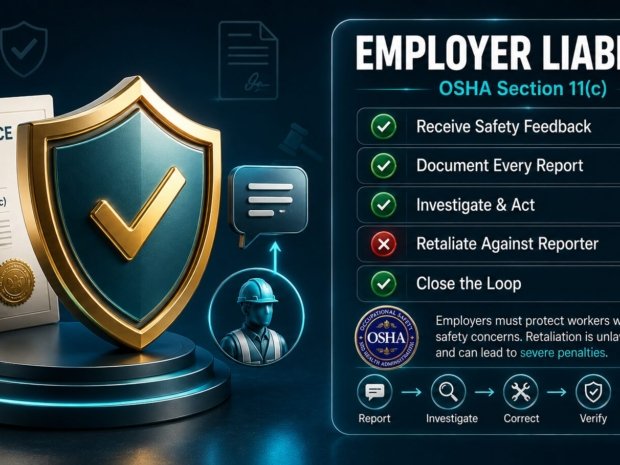 Employer liability compliance dashboard showing OSHA Section 11(c) safety feedback and retaliation protection requirements
